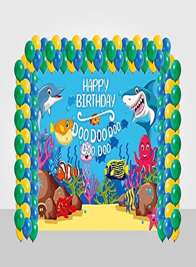 مجموعة تزيين حفلات "ثيم ماي بارتي" - مجموعة تزيين حفلات أسماك القرش مع خلفية وبالونات (6 أقدام × 4 أقدام)